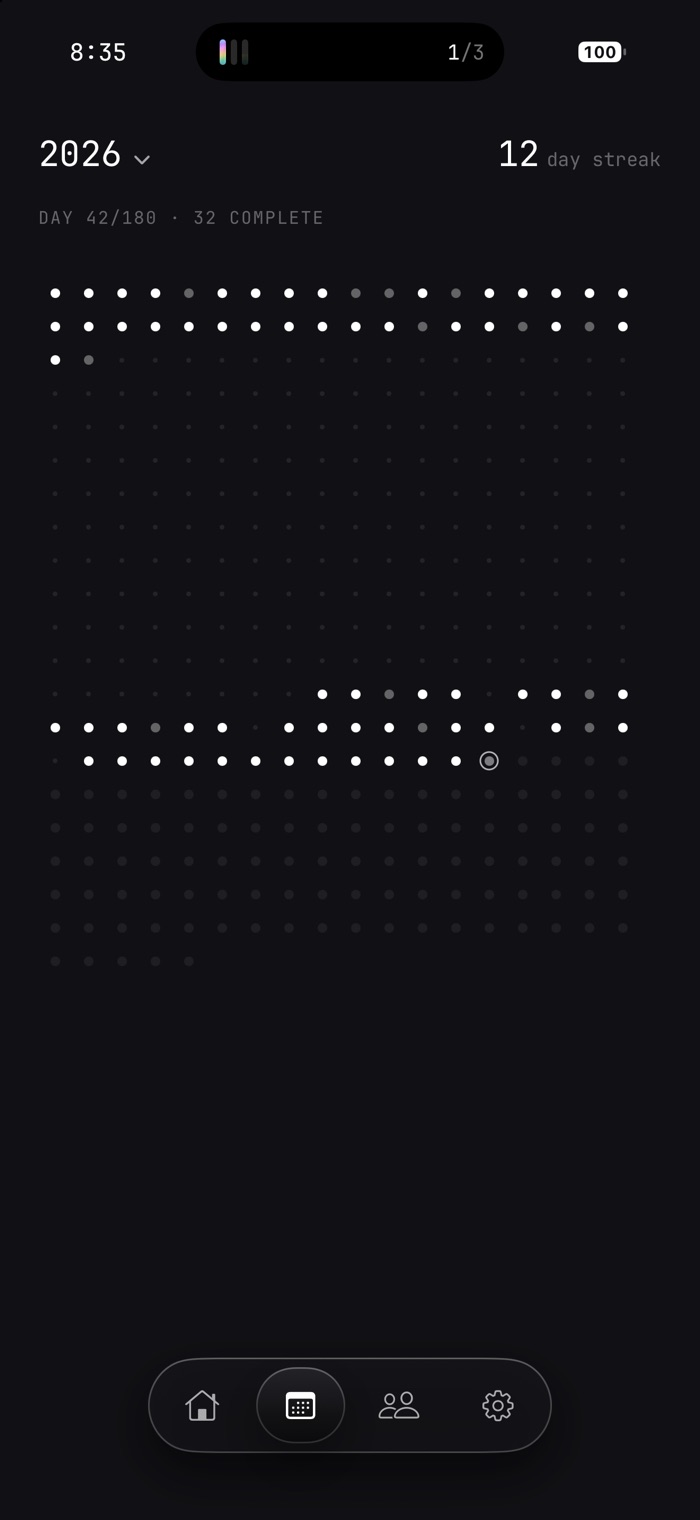 The calendar: every day of the year as a dot, finished days bright