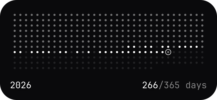 Year widget: 2026 as dots, 266 of 365 days